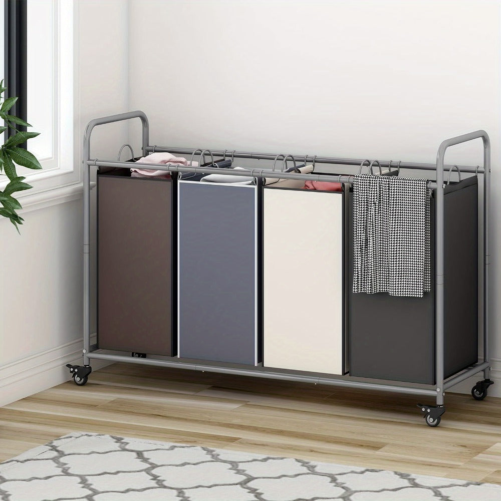Rolling Laundry Sorter Hamper with Four Removable Fabric Bags, Caster Wheels and Four Color Configurations