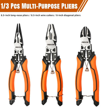 Pliers Set 9-in-1 Multi-Function Industrial Grade, 8.5" Lineman Pliers, 8.5" Long Nose Pliers, 8" Diagonal Side Cutters