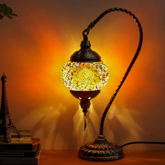 Table Lamp with Swan-Neck Mosaic Glass Shade, Metal Base, Six Color Options and Three White-Light Modes
