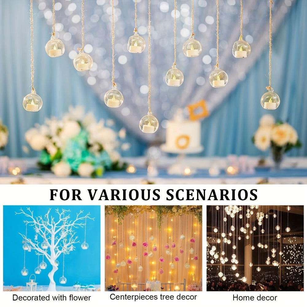 Hanging Glass Ball Candle Holders Set for Wedding Party Christmas Tree Decoration - Clear Glass Tea Light Holders with Hanging Design