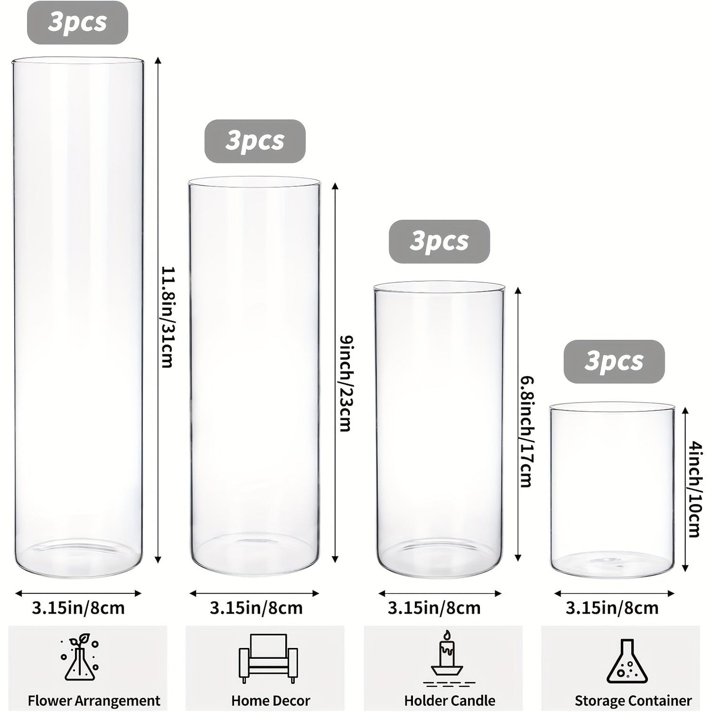 Clear Cylinder Glass Vases Set Wedding Centerpieces Home Decor for Entryways, Bedrooms and Living Spaces