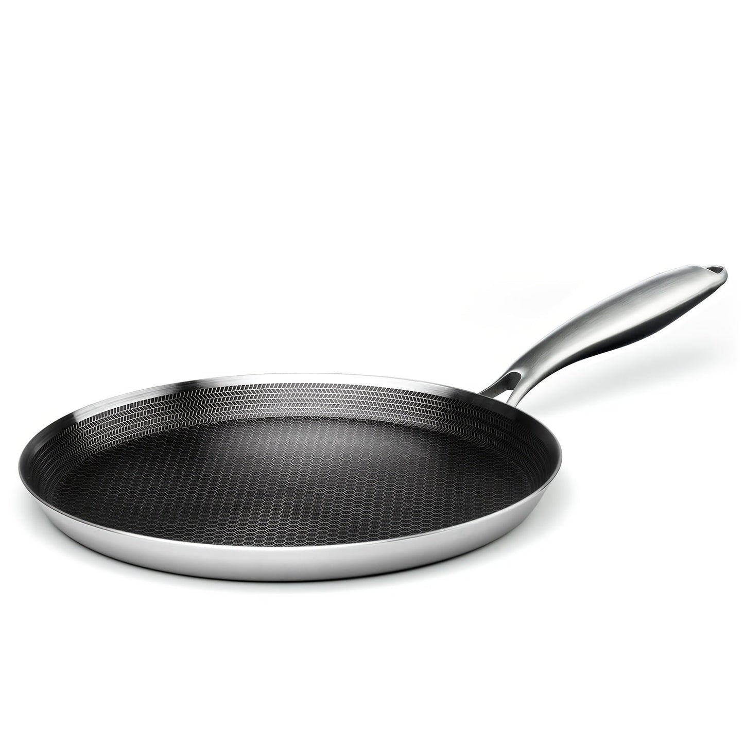 Stainless Steel Crepe Pan 11 Inch with Honeycomb Cooking Surface, Lid and Triple-Layer Base for Pancakes and Tortillas