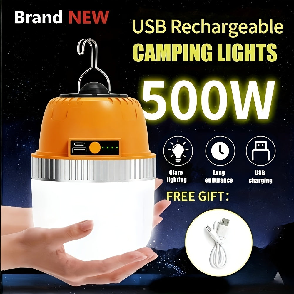 Orange Hanging Camping Lantern with Three Brightness Settings, Type-C Charging Port and Integrated Hook