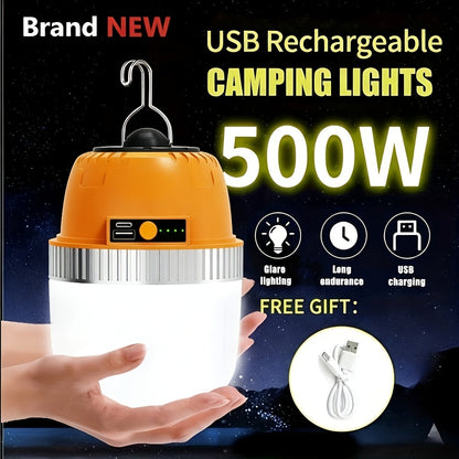 Orange Hanging Camping Lantern with Three Brightness Settings, Type-C Charging Port and Integrated Hook