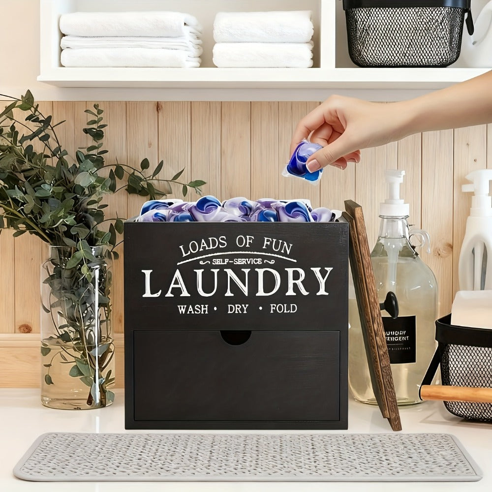 Dryer Sheet Holder with Drawer & Lid, Farmhouse Wood Laundry Pod Dispenser, Wall Mount or Countertop Organizer for Laundry Room Storage