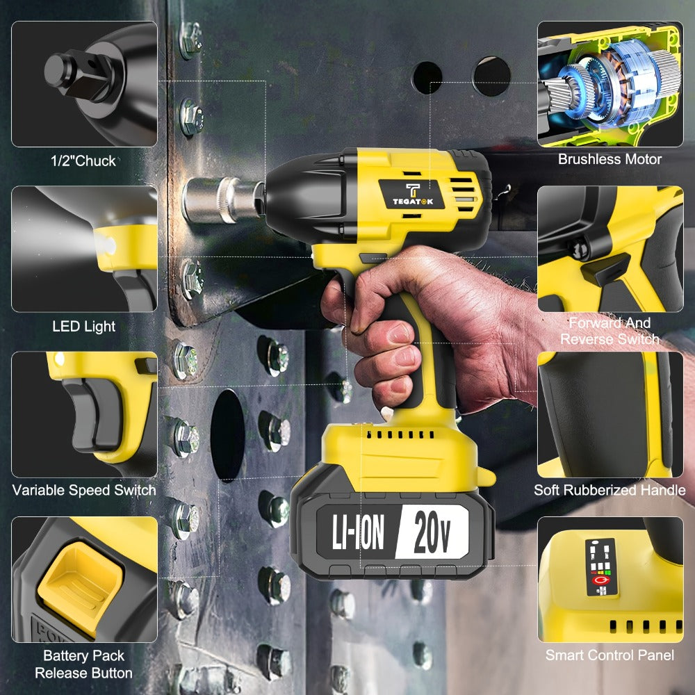 20V Brushless Power Tool Combo Kit, 4-Tool Cordless Set with Impact Wrench, Hammer Drill, Angle Grinder & Electric Drill