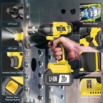 20V Brushless Power Tool Combo Kit, 4-Tool Cordless Set with Impact Wrench, Hammer Drill, Angle Grinder & Electric Drill