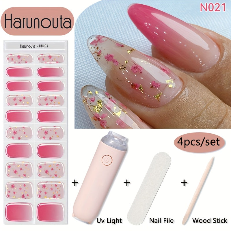 Semi Cured Gel Nail Strips Kit with Handheld LED Nail Lamp, 20 Real Gel Nail Stickers Wraps for DIY Nail Art