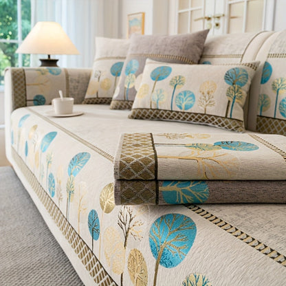 Sofa Cover, Geometric Embroidered Knit Couch Pad in Gray, Blue or White with Three Size Options