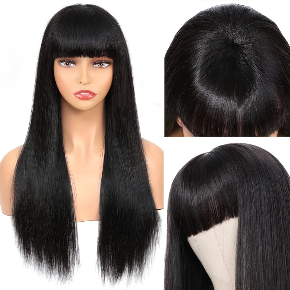 Synthetic Wig 26-Inch Black Straight Style with Full Bangs, Fiber and Machine Cap with Item-Specific Color, Length, Texture and Cap Choices