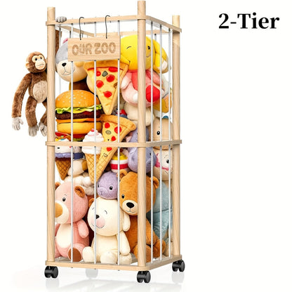 Stuffed Animal Storage Organizer with Pine Wood Frame, Wheels and 2 or 3 Tiers for Nursery or Playroom