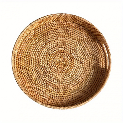 Serving Tray Basket – Hand-Woven Round Rattan Organizer for Fruits Bread Snacks, for Home Cooking, Dining and Outdoor Meals