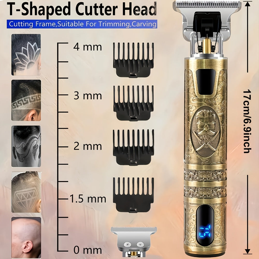 LED Hair Trimmer for Men – T-Blade USB Rechargeable 2000mAh, Vintage Dragon & Mustache Design, 4 Guide Combs, Cordless Precision Grooming