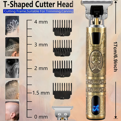 LED Hair Trimmer for Men – T-Blade USB Rechargeable 2000mAh, Vintage Dragon & Mustache Design, 4 Guide Combs, Cordless Precision Grooming