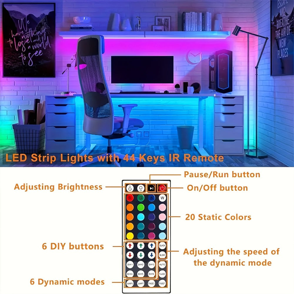 LED Strip Light RGB 100ft Two-Roll Kit with 44-Key Remote, Included Power Supply and Adhesive Backing