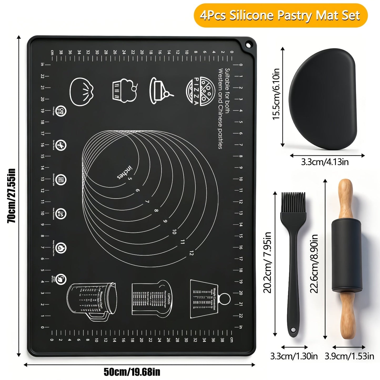 Silicone Baking Mat Set 4pcs, Extra Thick Non-Stick Pastry Mat with Measurement Scales, Non-Slip Dough Kneading Mat, Includes Rolling Pin
