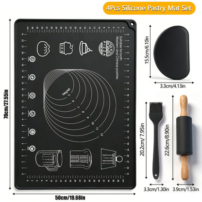 Silicone Baking Mat Set 4pcs, Extra Thick Non-Stick Pastry Mat with Measurement Scales, Non-Slip Dough Kneading Mat, Includes Rolling Pin