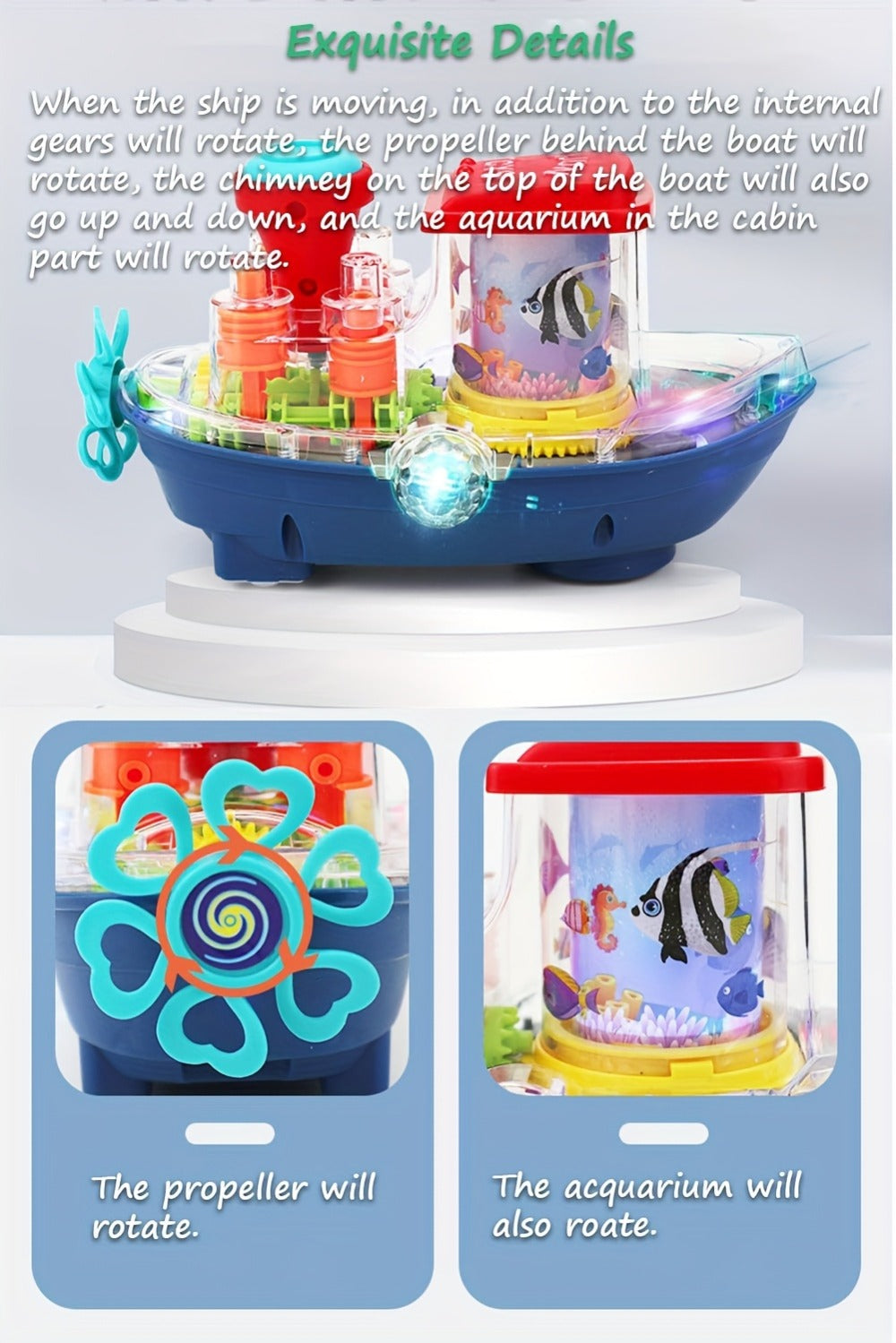 Interactive Sensory Boat Toy for Toddlers 2+, Underwater Ocean Theme with Fish & Coral, Rotating Scroll Screen & Music