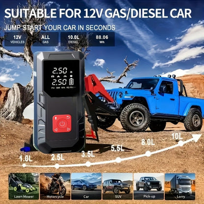 Portable Car Jump Starter 10000A – 9-in-1 Battery Booster with 350PSI Tire Inflator, LED Light, USB-C Fast Charging