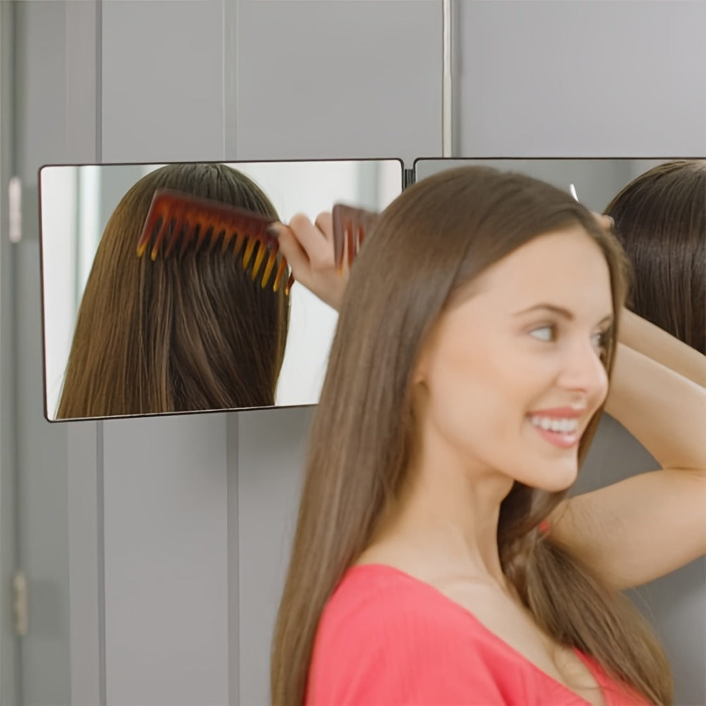 Three-Way Folding Mirror for Haircutting 360° View Anti-Fog HD Glass Height-Adjustable Telescopic Hook – Foldable Three-Sided Mirror