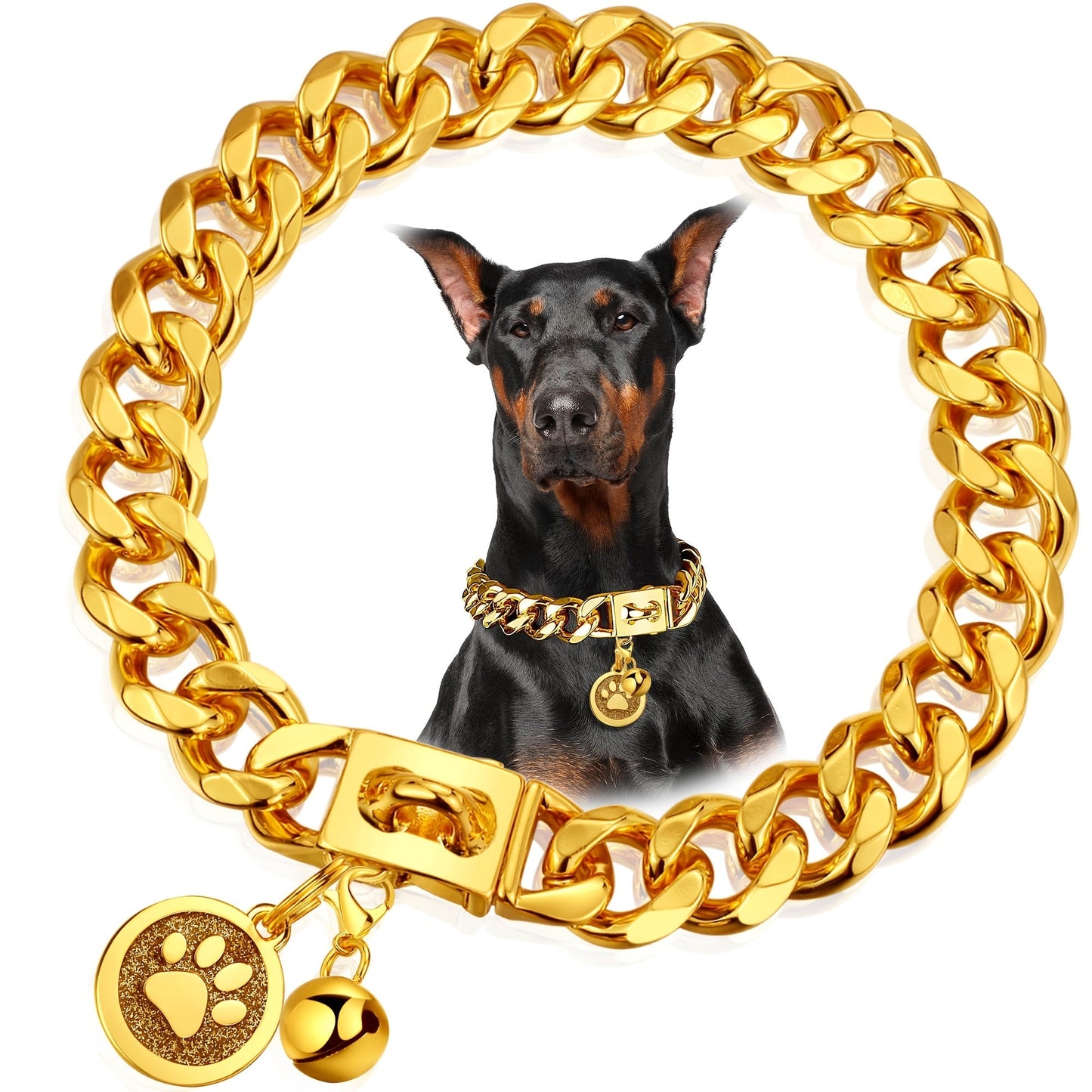 Gold-Color Cuban Link Dog Chain Collar with Paw and Bell Charms in Six Lengths from 16 to 26 Inches