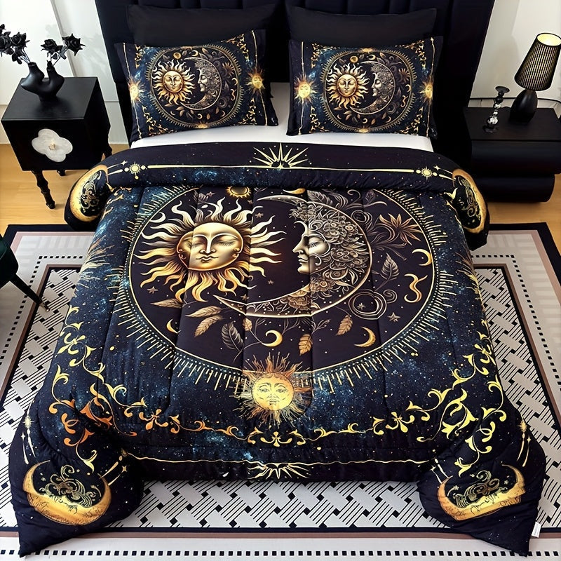 Sun Moon and Planet Print Comforter Set in Black with Twin, Full, Queen and King Size Options