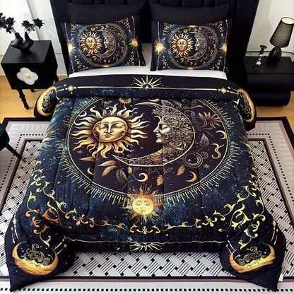 Sun Moon and Planet Print Comforter Set in Black with Twin, Full, Queen and King Size Options