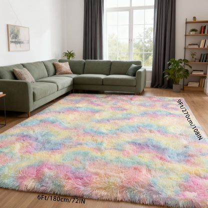 Area Rug Rainbow Tie-Dye Shag with Four Machine-Washable Sizes for Bedroom, Living Room or Office