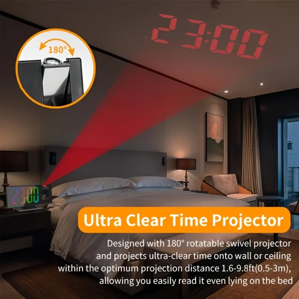 Color-Screen Projection Alarm Clock with 180-Degree Rotating Projector, Temperature Display and Snooze