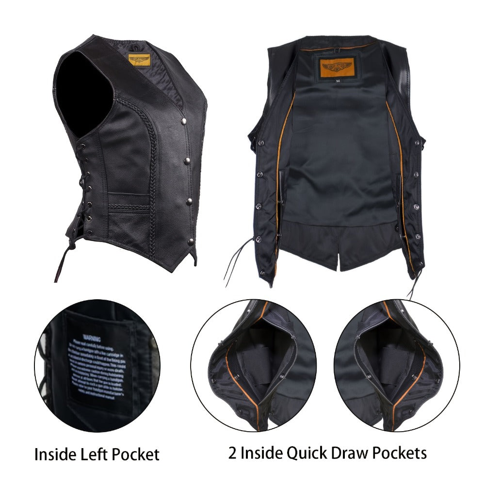 Women's Leather Motorcycle Vest – Concealed Carry Pockets, Lace-Up Sides, Metal Eyelet Accents, Adjustable Straps, Edgy Biker Style, Black