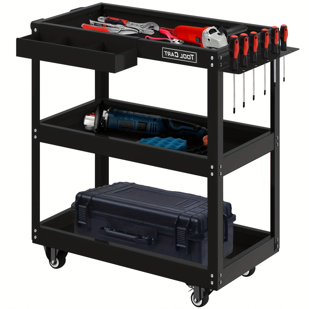 Rolling Tool Cart 3-Tier Pegboard Organizer Locking Drawer 4 Swivel Casters for Garage Workshop Mechanics Black Yellow