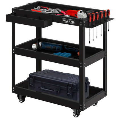 Rolling Tool Cart 3-Tier Pegboard Organizer Locking Drawer 4 Swivel Casters for Garage Workshop Mechanics Black Yellow