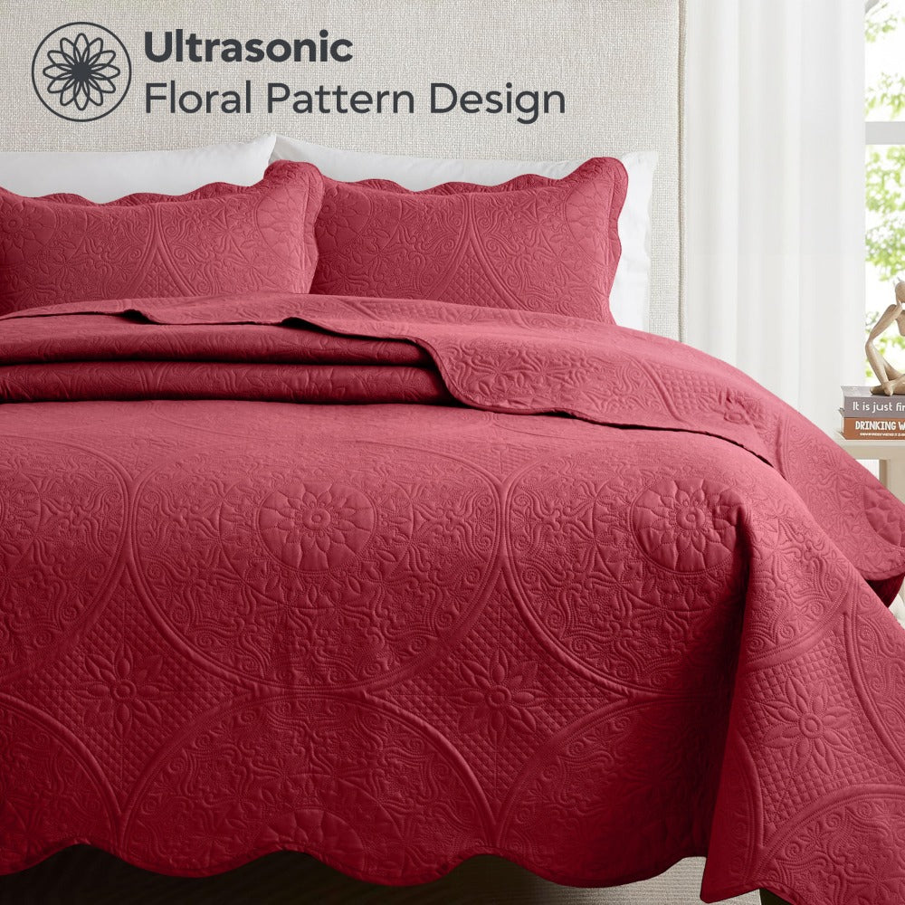 Floral-Pattern Three-Piece Bedspread Set in 16 Colors with Twin, Queen, King and California King Sizes