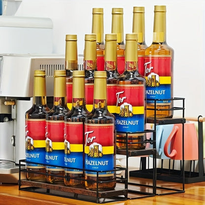 3-Tier Metal Bottle Rack Countertop Organizer – No-Install Syrup Holder for Coffee Bar, Wine & Whiskey Display Stand, Holds 12 Bottles