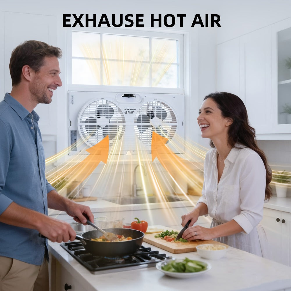 Twin Window Fan 9 Inch Dual Blade, Expandable Width with Thermostat and Remote Control for Home Cooking, Dining and Outdoor Meals
