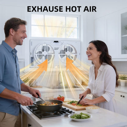 Twin Window Fan 9 Inch Dual Blade, Expandable Width with Thermostat and Remote Control for Home Cooking, Dining and Outdoor Meals