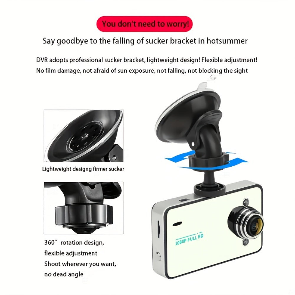 1080P Dash Cam with Night Vision & Loop Recording – 2.2" Car DVR Camera, Suction Cup Mount, Single Lens, No SD Card Required