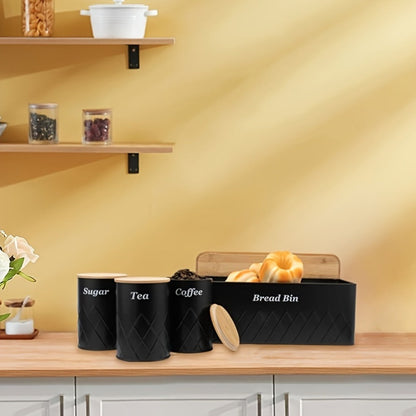 Bread Bin with 3-Piece Canister Set for Tea Sugar Coffee – Flip-Top Lid Kitchen Storage Containers Countertop Organizer Set