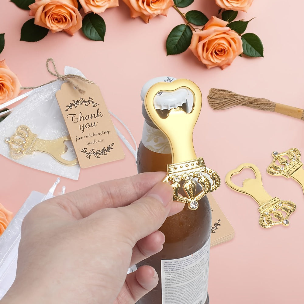 Crown Bottle Opener Wedding Favors, 10 Sets with Organza Bags, Thank You Tags and Twine for Bridal Showers and Guest Gifts
