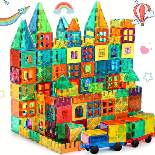 Magnetic Tiles 120-Piece Translucent Castle Building Set with Two Rolling Car Bases and Multicolor Shapes