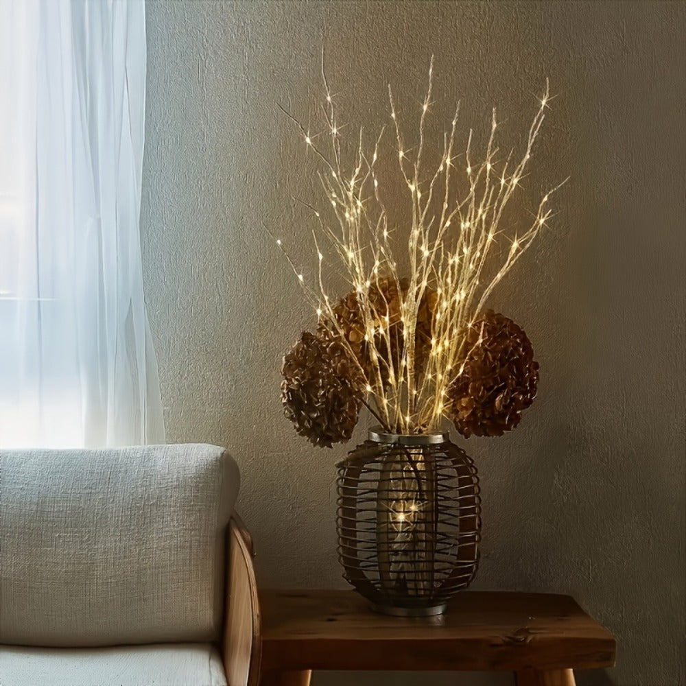 Birch Branch Lights Set of 2, Artificial Luminous Birch Tree Branches with Green Leaves & LED Fairy Lights