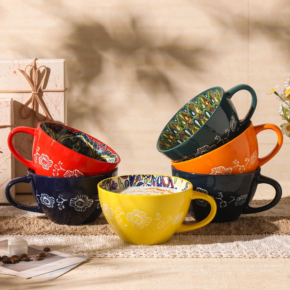 Six-Piece Colorful Patterned Coffee Mug Set with Wide Bowl Shape and 14-Ounce Image Marking