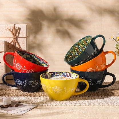 Six-Piece Colorful Patterned Coffee Mug Set with Wide Bowl Shape and 14-Ounce Image Marking