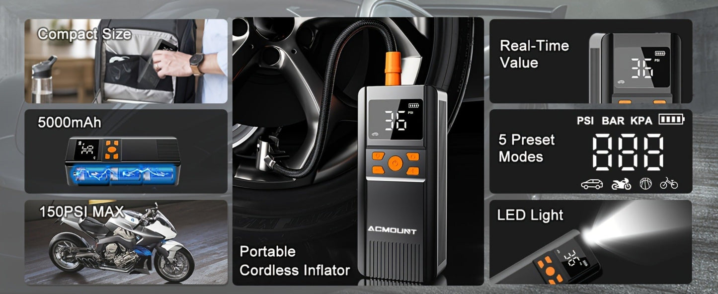 Portable Tire Inflator Cordless Air Compressor – 150PSI Fast Inflation, 5000mAh Rechargeable Battery, Digital Pressure Gauge, LED Light