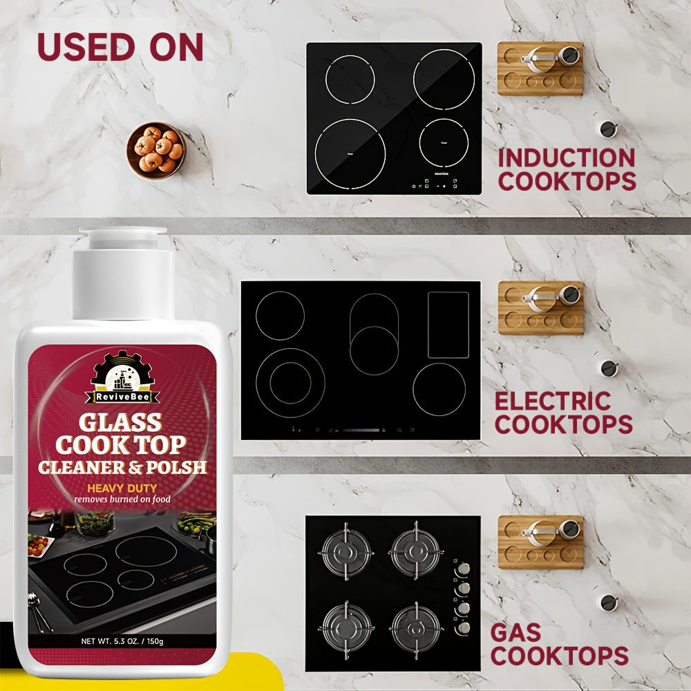 Glass Stovetop Cleaning Paste – Heavy Duty Cooktop Cleaner Cream, Removes Burnt-On Grease, Oil Stains & Food Residue from Stove Tops