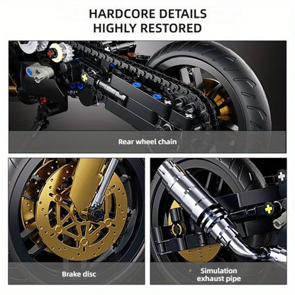 1000PCS Motorcycle Building Blocks 1:10 Scale DIY Black & Gold Motorbike Model Kit – Adult Collector Display Ornament
