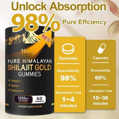 Herbal Supplement with Himiyer Label, Shilajit Gold Gummies 3000mg per Serving, 60 Gummies, One or Three Pieces