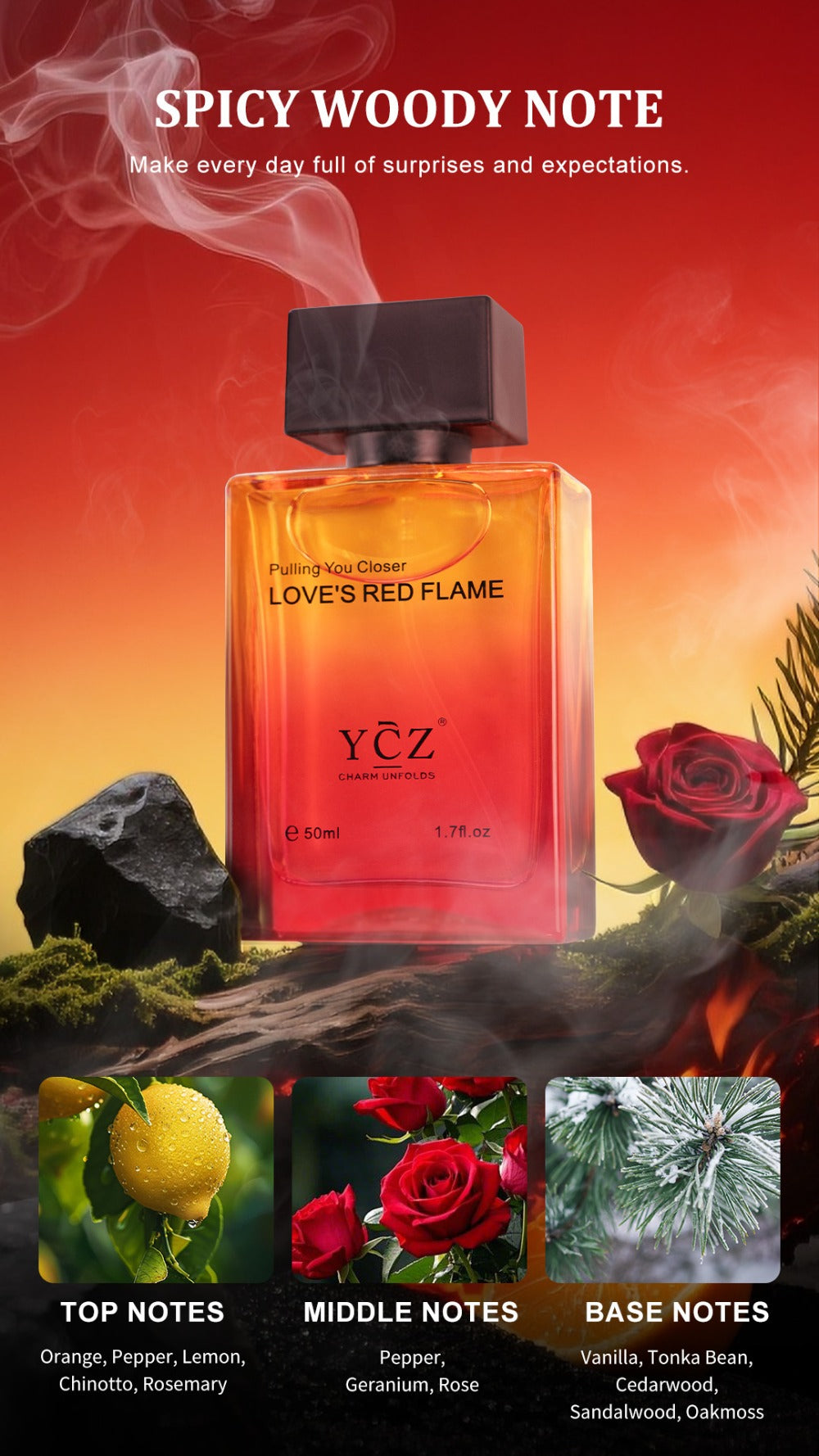 Cologne Eau de Parfum for Men YCZ LOVE'S RED 1.7 fl oz Spray with Red Glass Bottle and Box