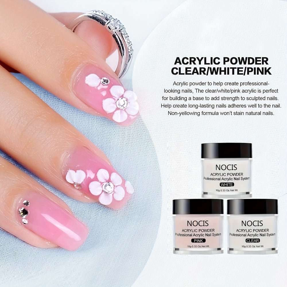 Acrylic Nail Kit NOCIS Clear, Pink and White Powder Set with Liquid Monomer, Five Brushes, File and Mixing Cup