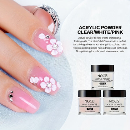 Acrylic Nail Kit NOCIS Clear, Pink and White Powder Set with Liquid Monomer, Five Brushes, File and Mixing Cup